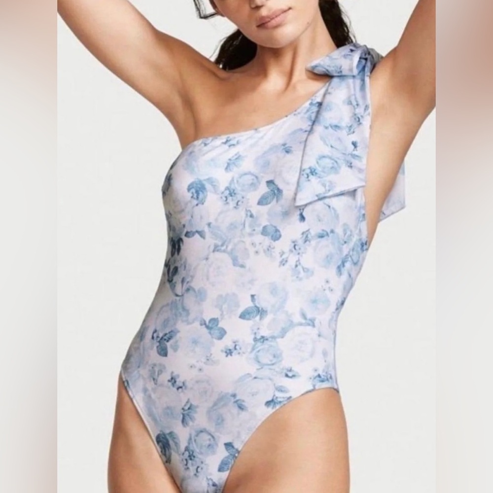 Victoria's Secret Bow One Shoulder One Piece NWT White and Blue Floral